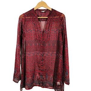 Converse Semi Sheer Ball Button Tunic Top Peasant Blouse Red Print Long Slv - S